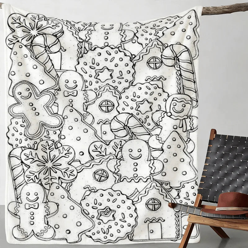 DIY Coloring Christmas Flannel Blanket – Gingerbread & Snowflake Print