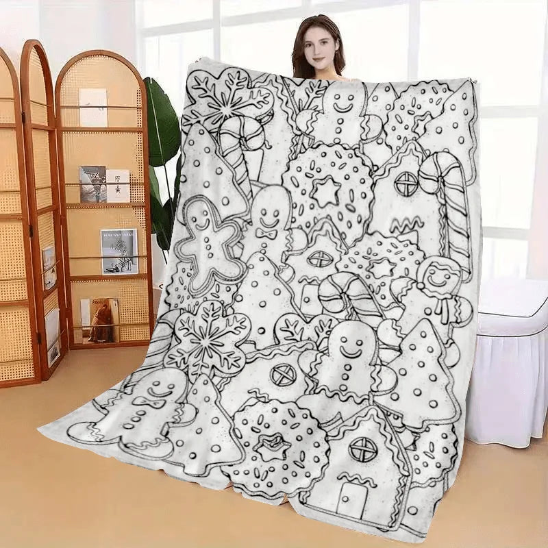 DIY Coloring Christmas Flannel Blanket – Gingerbread & Snowflake Print